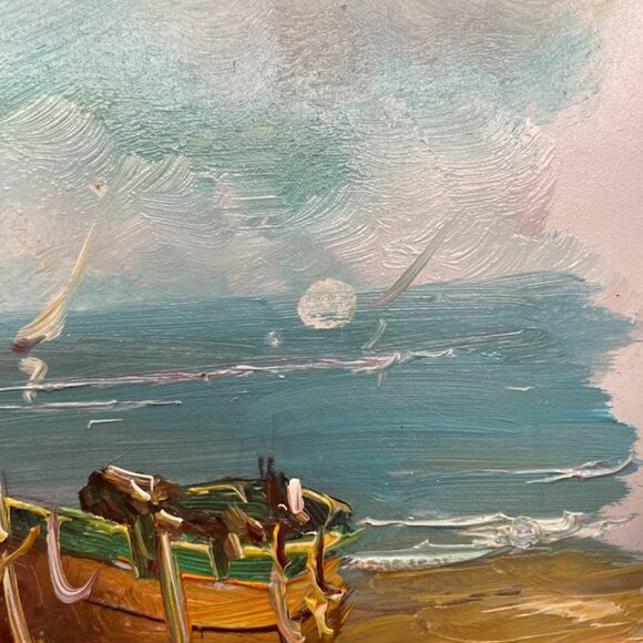 Small Oil Painting on Fiberboard Fishing Boats Sailboats Seashore Island Signed - Picture 6 of 7